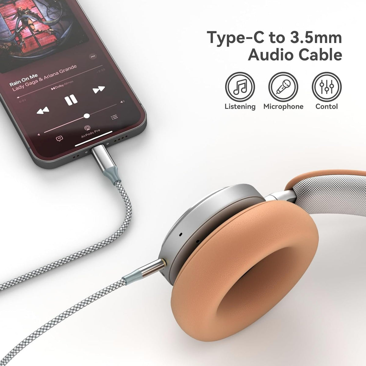 NÖRDIC 1,2 m USB-C til 3,5 mm hovedtelefon audio AUX kabel