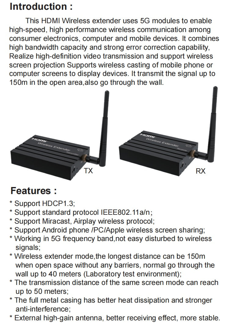 NÖRDIC Trådløs HDMI-Forlænger 1080P Miracast 150m