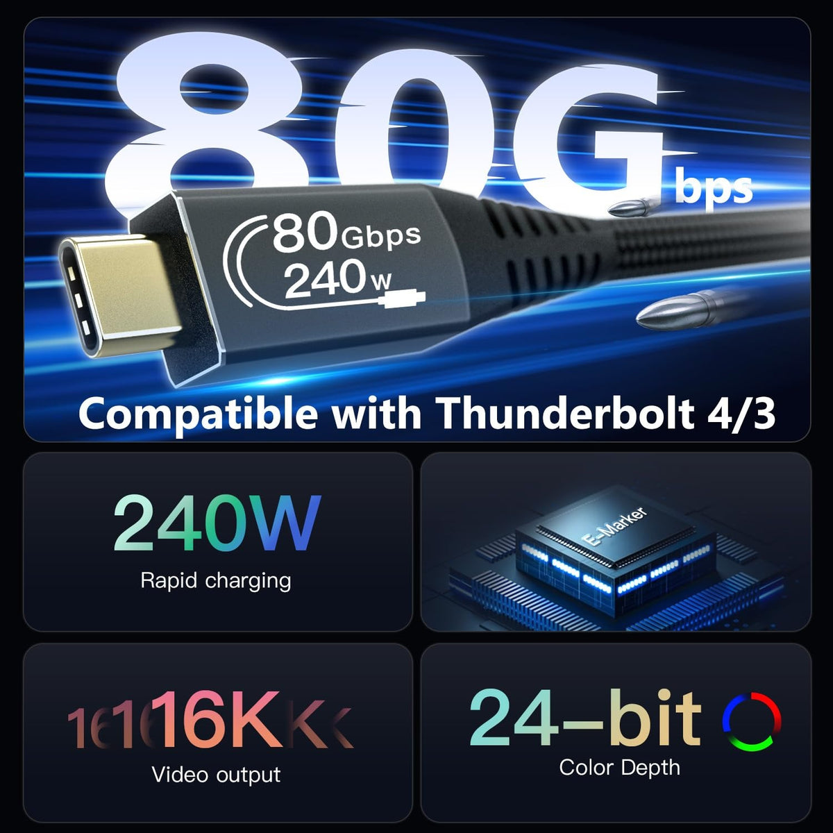 NÖRDIC 1,5m Thunderbolt 5 kabel 80Gbps dataoverførsel 240W opladning 120Gbps båndbredde 16K60Hz 8K60Hz 4K540Hz