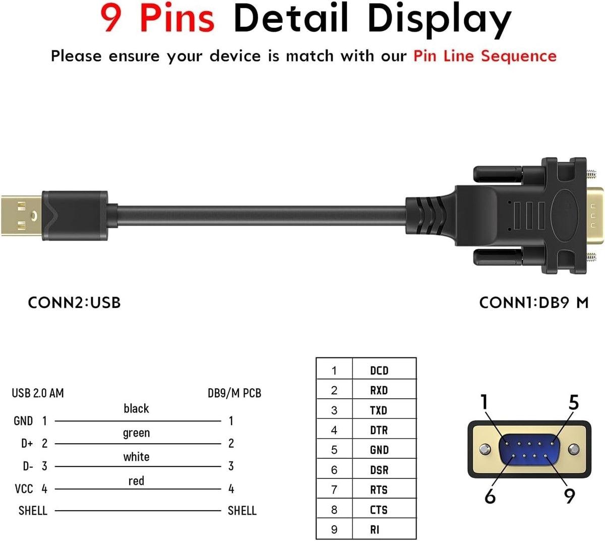 USB-A til RS232 DB9 hankabel til serielle enheder med FTDI Chipset