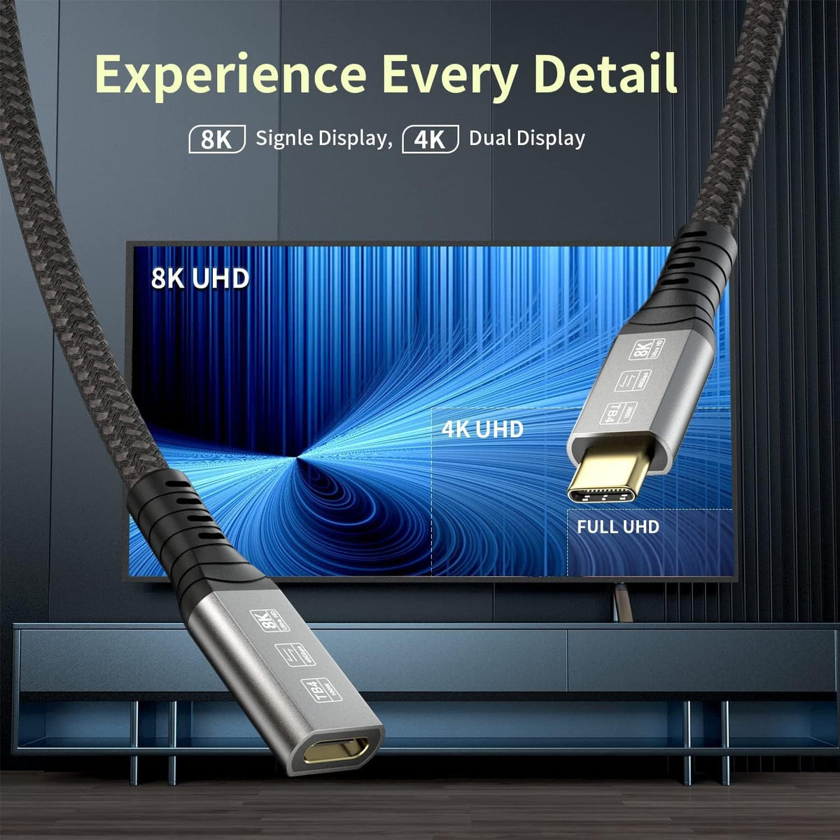 NÖRDIC 1m Thunderbolt 4 forlængerkabel, USB-C han til hun, 240W hurtigopladning, 40Gbps, 8K 60Hz