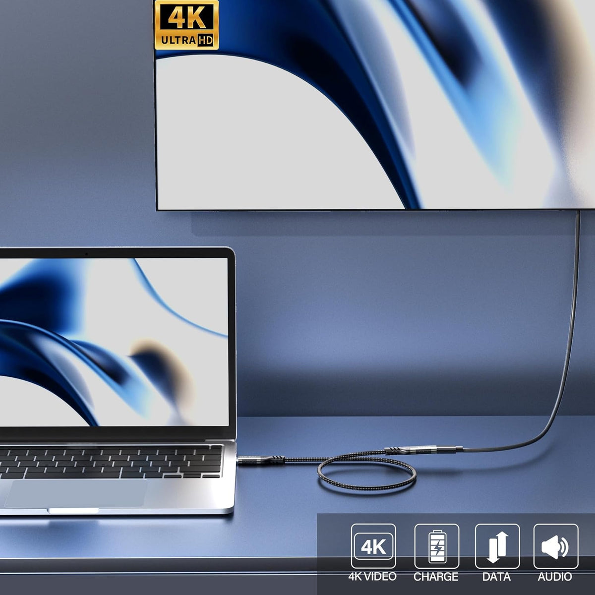 NÖRDIC 1m USB3.2 Gen2 20Gbps USB-C til C nylonflettet forlænger kabel med Power Delivery 240W 4K60Hz