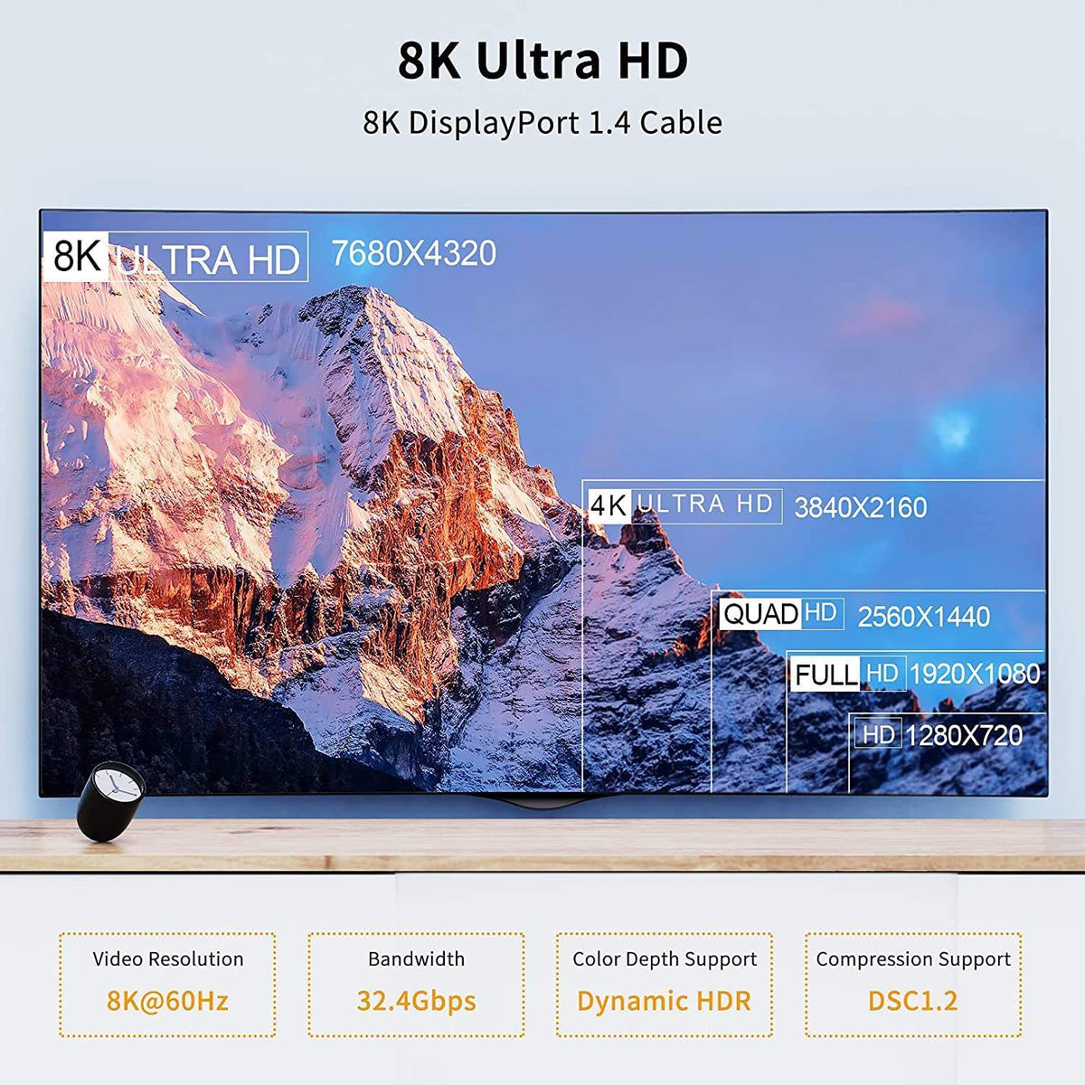 NÖRDIC 1m vinklet Displayport til Displayport kabel ver 1.4 UHD 8K i 60Hz 32.4Gbps 10-bit HDR dobbelt skærmet