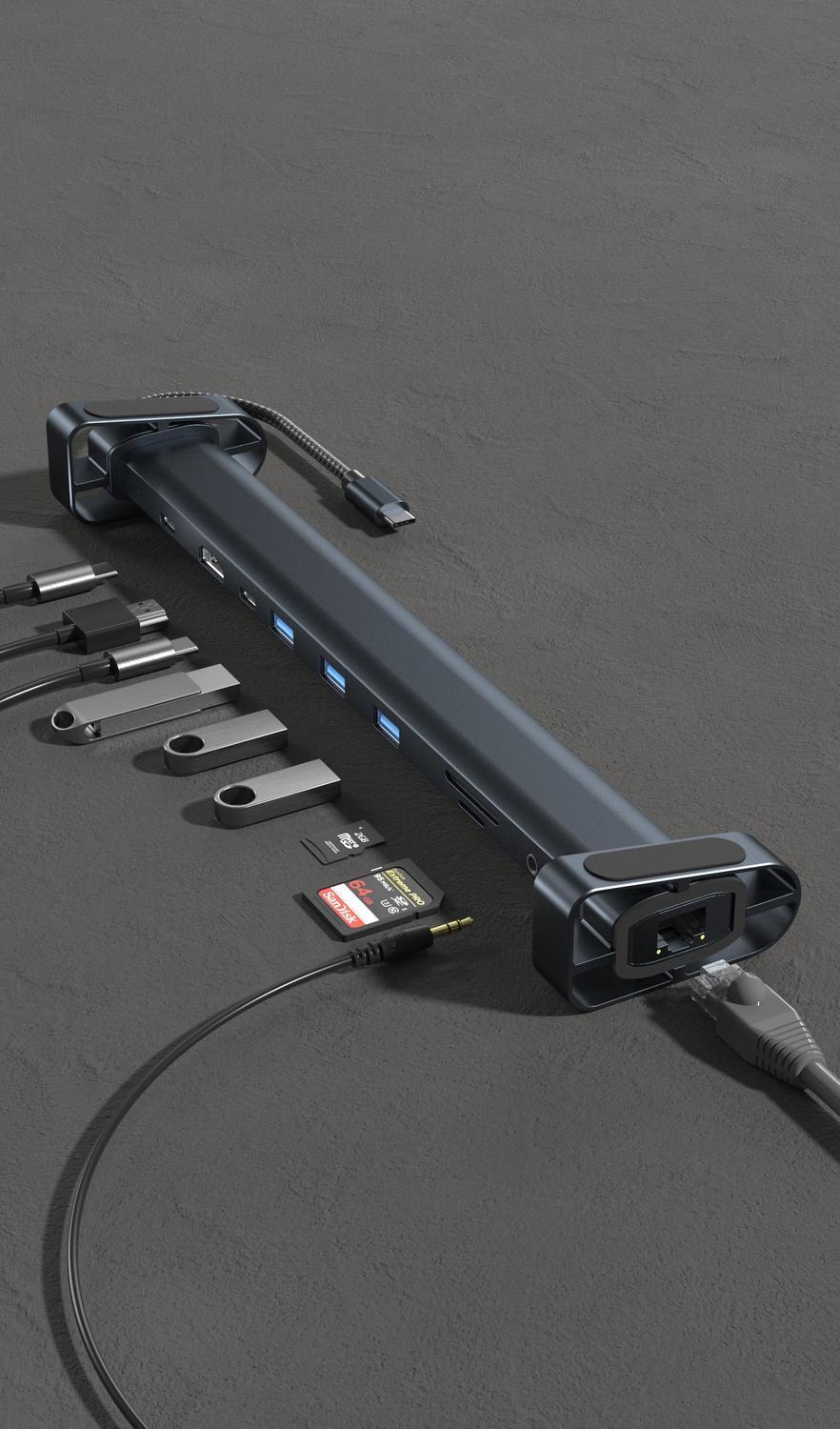 NÖRDIC 1 til 10 USB-C dockingstation 1xHDMI 4K30Hz 1xUSB-C PD100W 3xUSB-A 5G 1xLAN 10/100 1xAudio 1xTF 1xMicroSD Thunderbolt 3 & 4