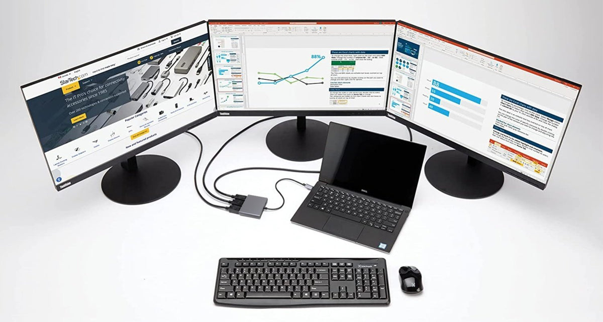 NÖRDIC 1 til 4 USB-C dockingstation 3 skærme 2xDP 4K60Hz, 1xHDMI 4K60Hz 1x USB-C PD100W