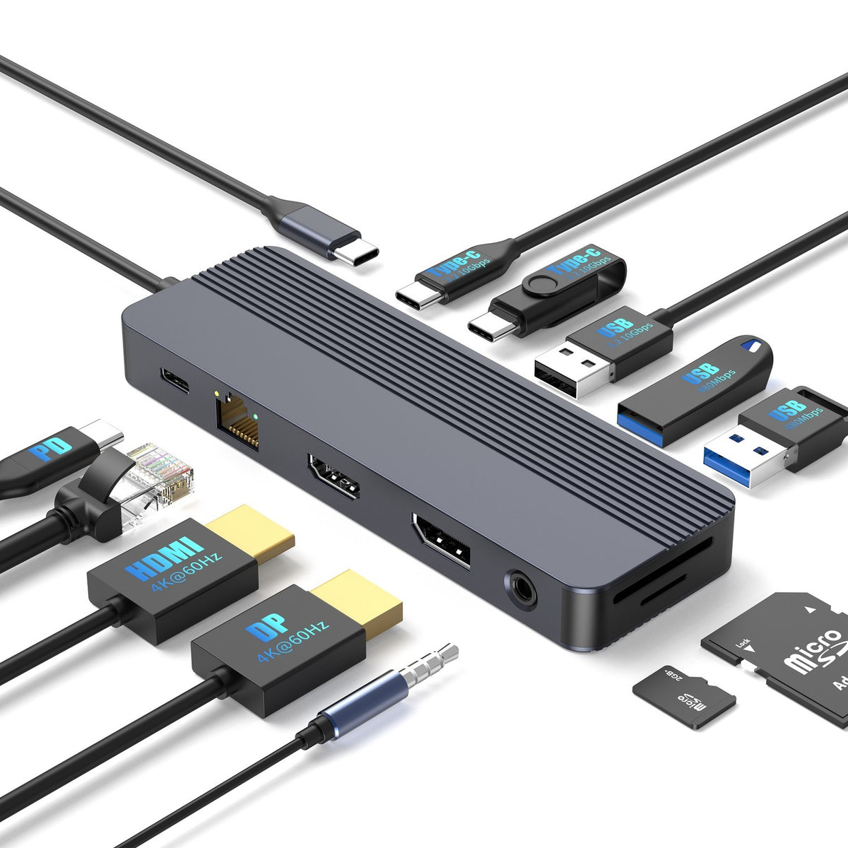 NÖRDIC 1 til 12 USB-C Dockingstation til Dobbeltskærme, 1xHDMI 4K60Hz, 1xDP 4K60Hz, 1xUSB-C PD 100W, 2xUSB-C, 3xUSB-A, med Ethernet