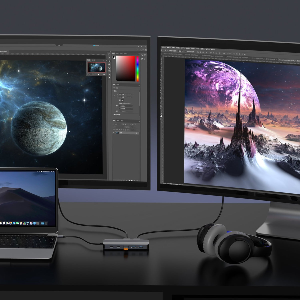 NÖRDIC 1 til 12 USB-C Dockingstation til Dobbeltskærme, 1xHDMI 4K60Hz, 1xDP 4K60Hz, 1xUSB-C PD 100W, 2xUSB-C, 3xUSB-A, med Ethernet