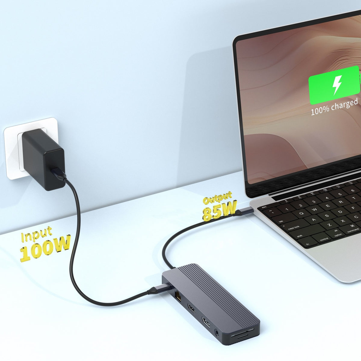 NÖRDIC 1 til 12 USB-C Dockingstation til Dobbeltskærme, 1xHDMI 4K60Hz, 1xDP 4K60Hz, 1xUSB-C PD 100W, 2xUSB-C, 3xUSB-A, med Ethernet