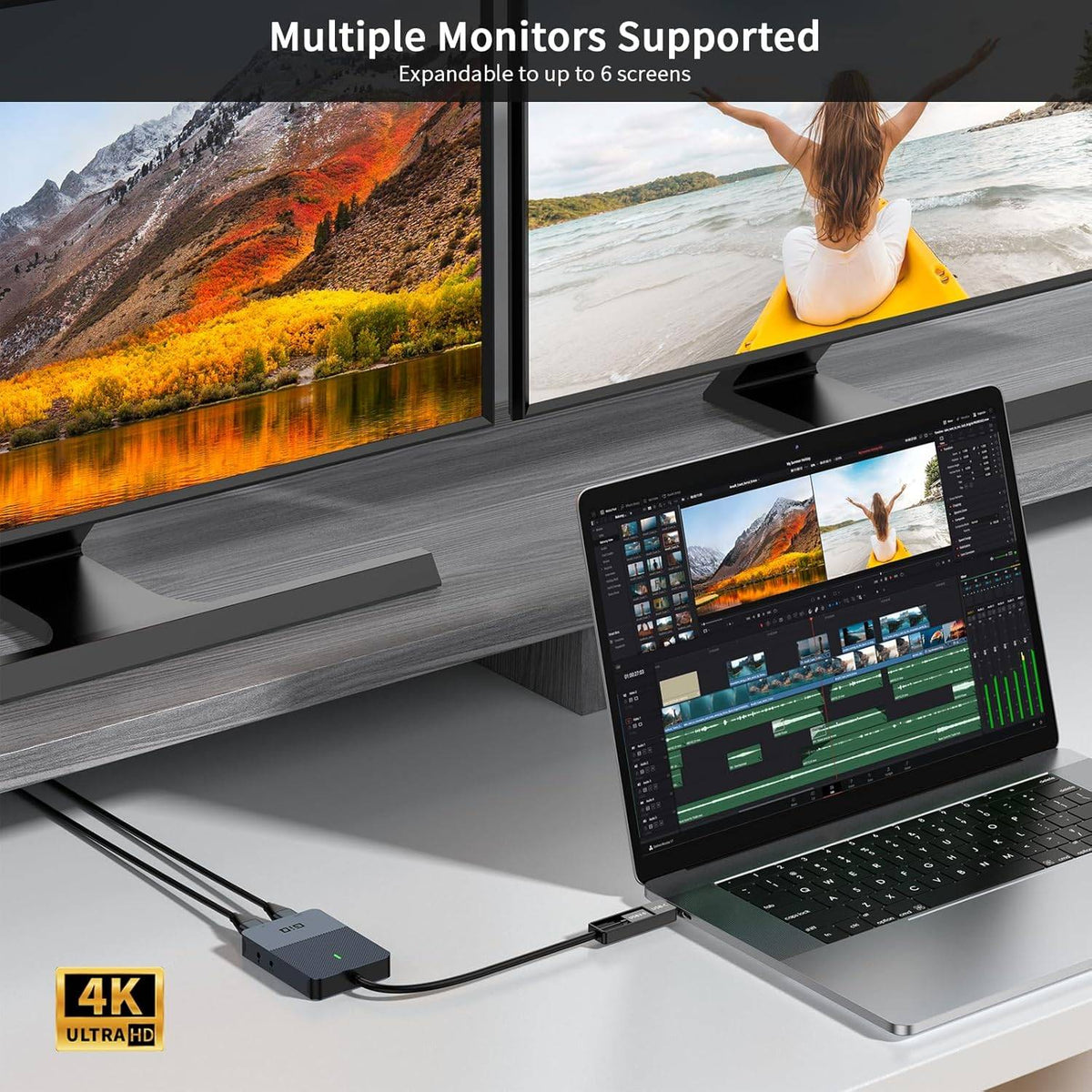 NÖRDIC DisplayLink 1 til 4 dockingstation 2xHDMI 2K@60Hz USB-A & USB-C kompatibel med USB 4, Windows og Mac