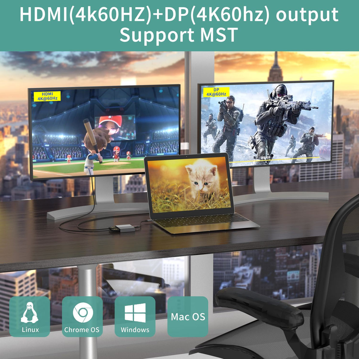 NÖRDIC 1 til 4 USB-C Dockningsstation 1xHDMI-4K60Hz, 1xDP-4K60Hz Dobbelt skærme 1xUSB-C PD100W 1xUSB-A 5G
