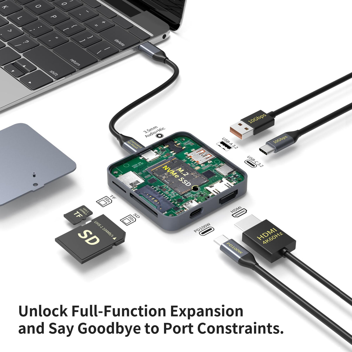 NÖRDIC 1 til 9 Magnetisk USB-C Dockingstation 1xHDMI 4K60Hz, 1xUSB-C, 1xUSB-C PD 100W, 1xUSB-A, 1xM.2 SSD, 1xSD, 1xMicroSD, 1x3,5 mm AUX