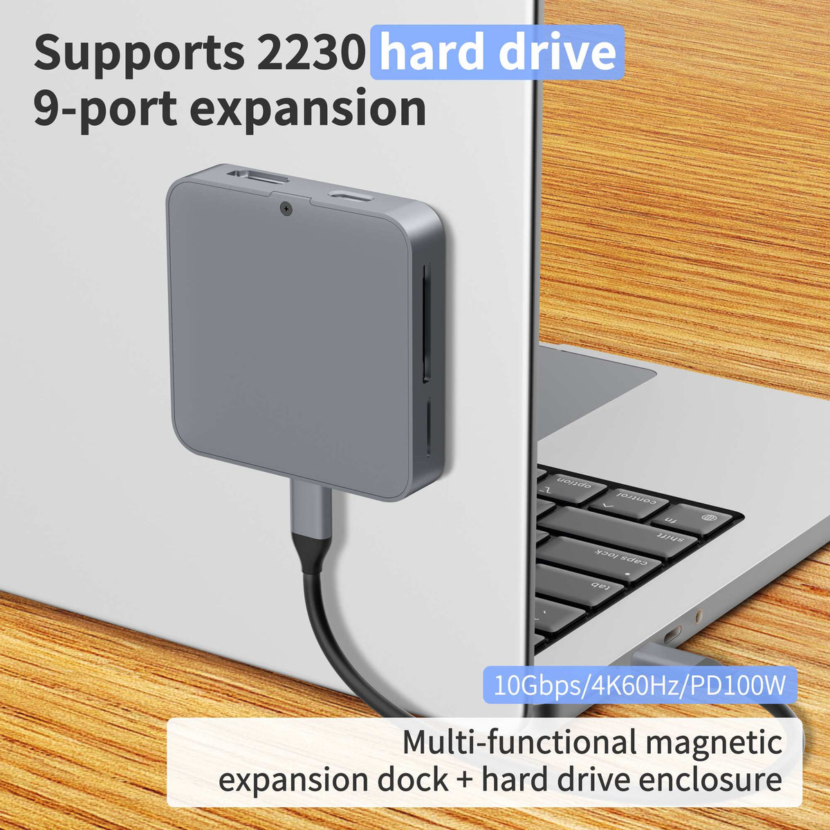 NÖRDIC 1 til 9 Magnetisk USB-C Dockingstation 1xHDMI 4K60Hz, 1xUSB-C, 1xUSB-C PD 100W, 1xUSB-A, 1xM.2 SSD, 1xSD, 1xMicroSD, 1x3,5 mm AUX