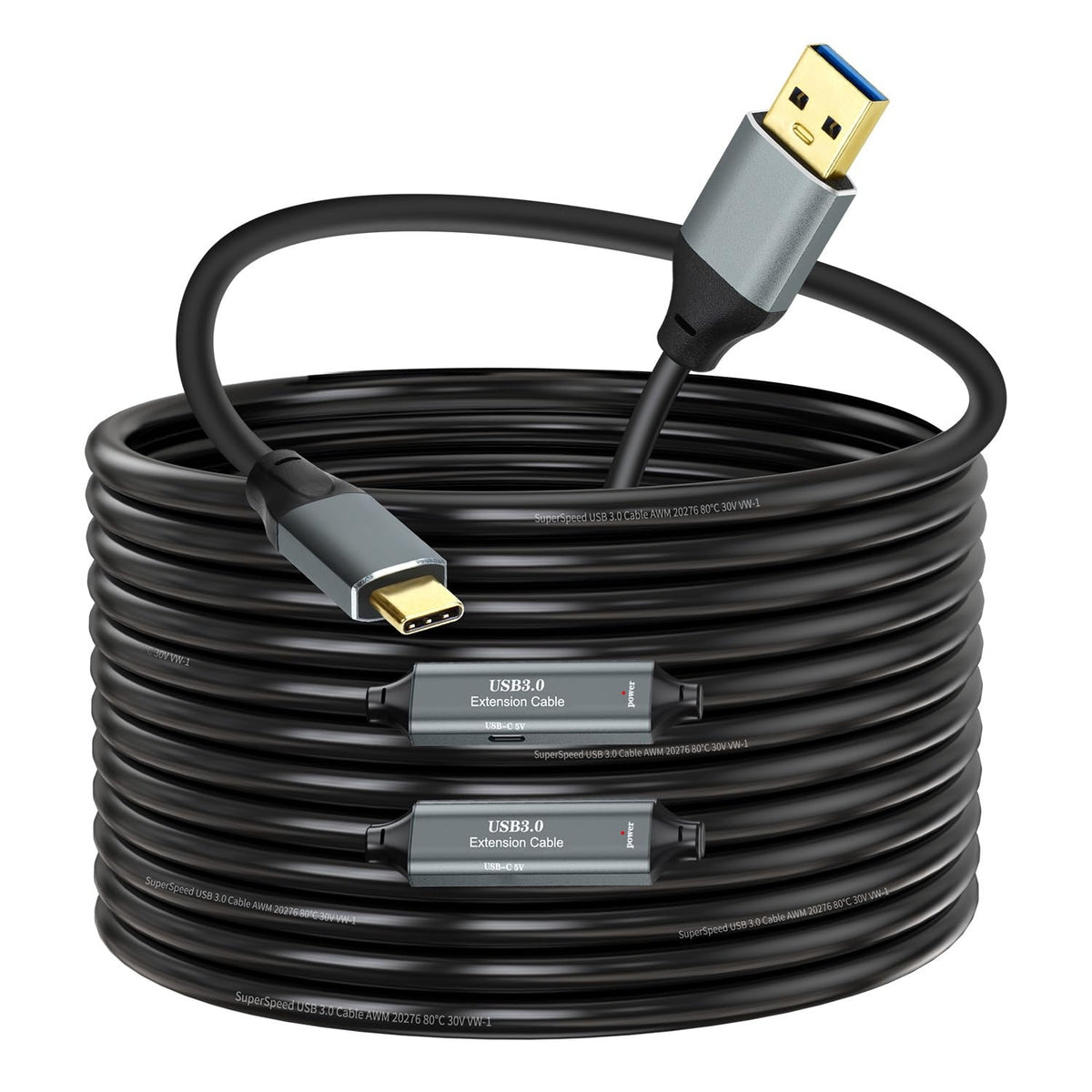 NÖRDIC 20m Aktiv USB 3.0 A til C Kabel, 5Gbps Super Speed USB-kabel Kompatibel med VR, Kamera, Dockingstation og mere