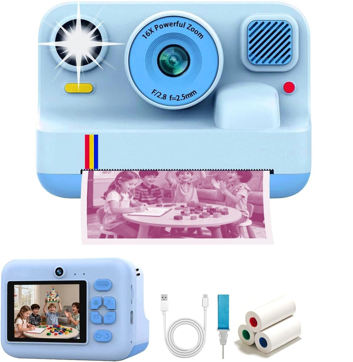 NÖRDIC 2,4" HD Instant-kamera, Mini kamera med fotoudskrivning/videoptagelse, kompatibel app, Blå