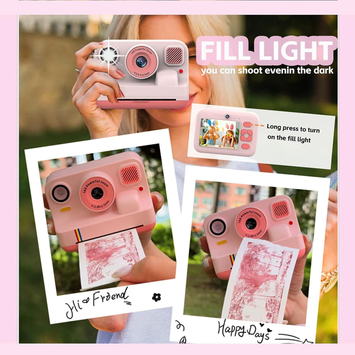 NÖRDIC 2,4" HD Instant-kamera, Mini kamera med fotoudskrivning/videoptagelse, kompatibel app, Blå