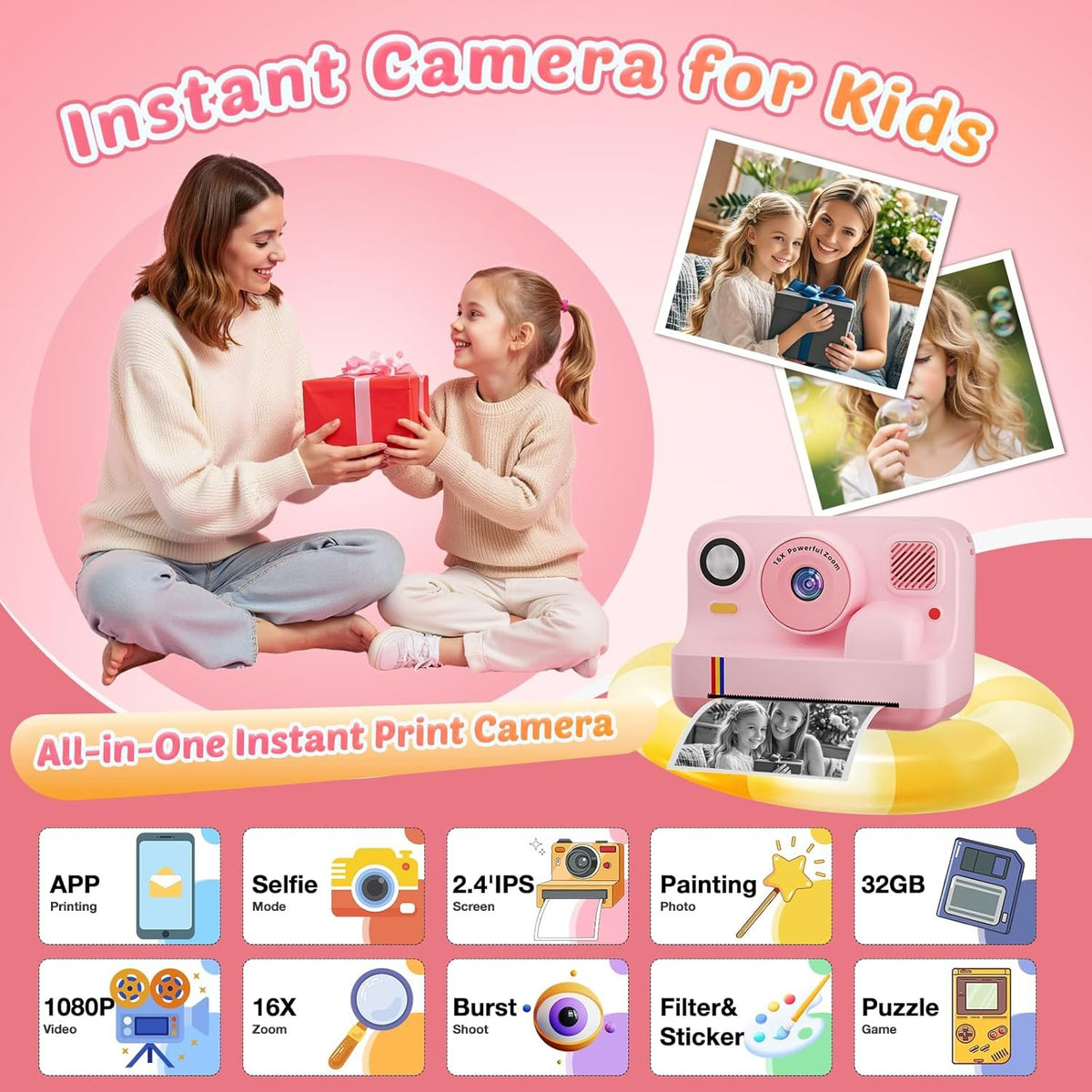 NÖRDIC 2,4" HD Instant-kamera, Mini kamera med fotoudskrivning/videoptagelse, kompatibel app, Blå