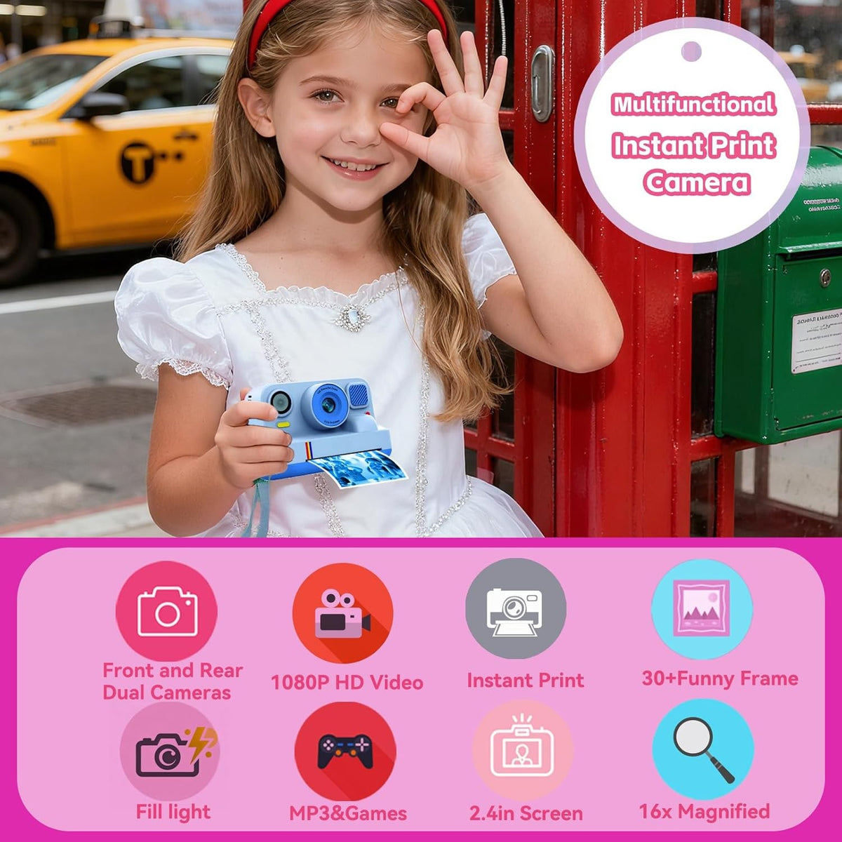 NÖRDIC 2,4" HD Instant-kamera, Mini kamera med fotoudskrivning/videoptagelse, kompatibel app, Blå
