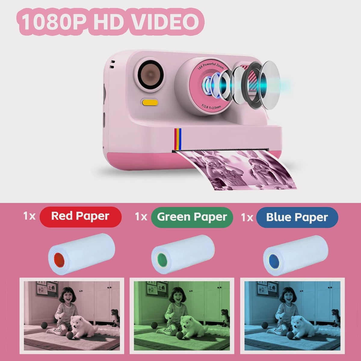 NÖRDIC 2,4" HD Instant-kamera, Mini kamera med fotoudskrivning/videoptagelse, kompatibel app, Blå