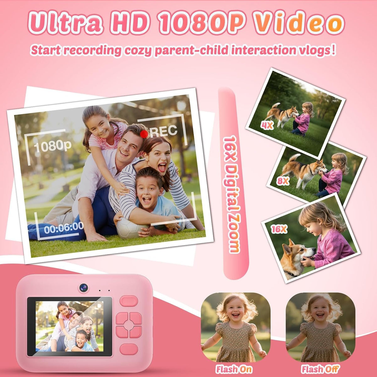 NÖRDIC 2,4" HD Instant-kamera, Mini kamera med fotoudskrivning/videoptagelse, kompatibel app, Lyserød
