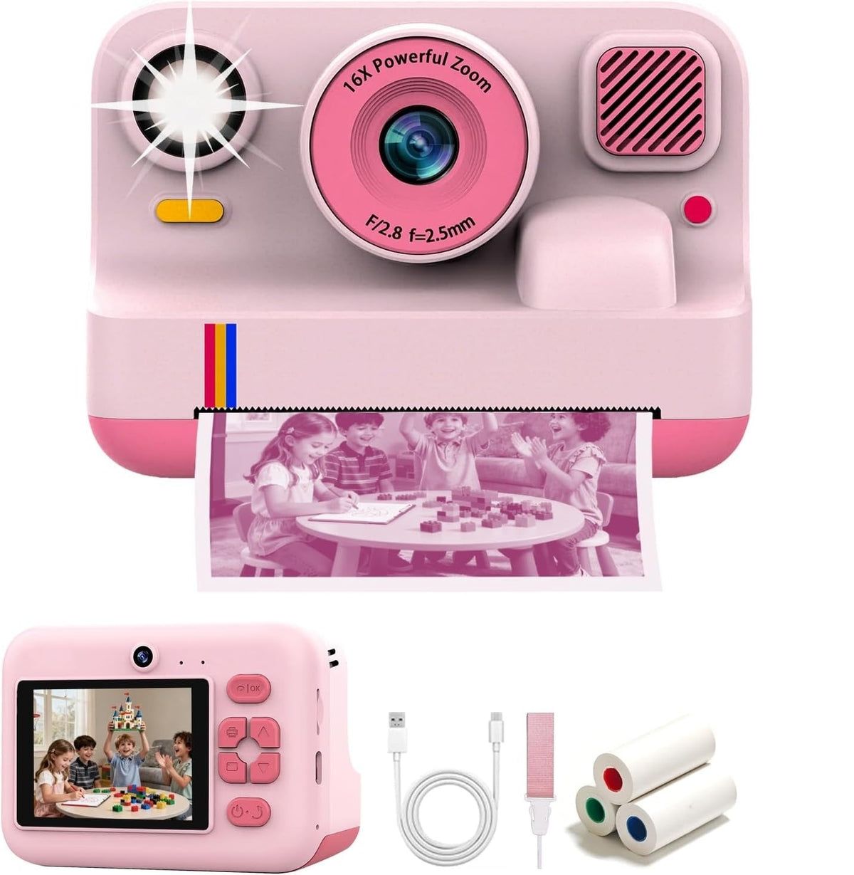 NÖRDIC 2,4" HD Instant-kamera, Mini kamera med fotoudskrivning/videoptagelse, kompatibel app, Lyserød