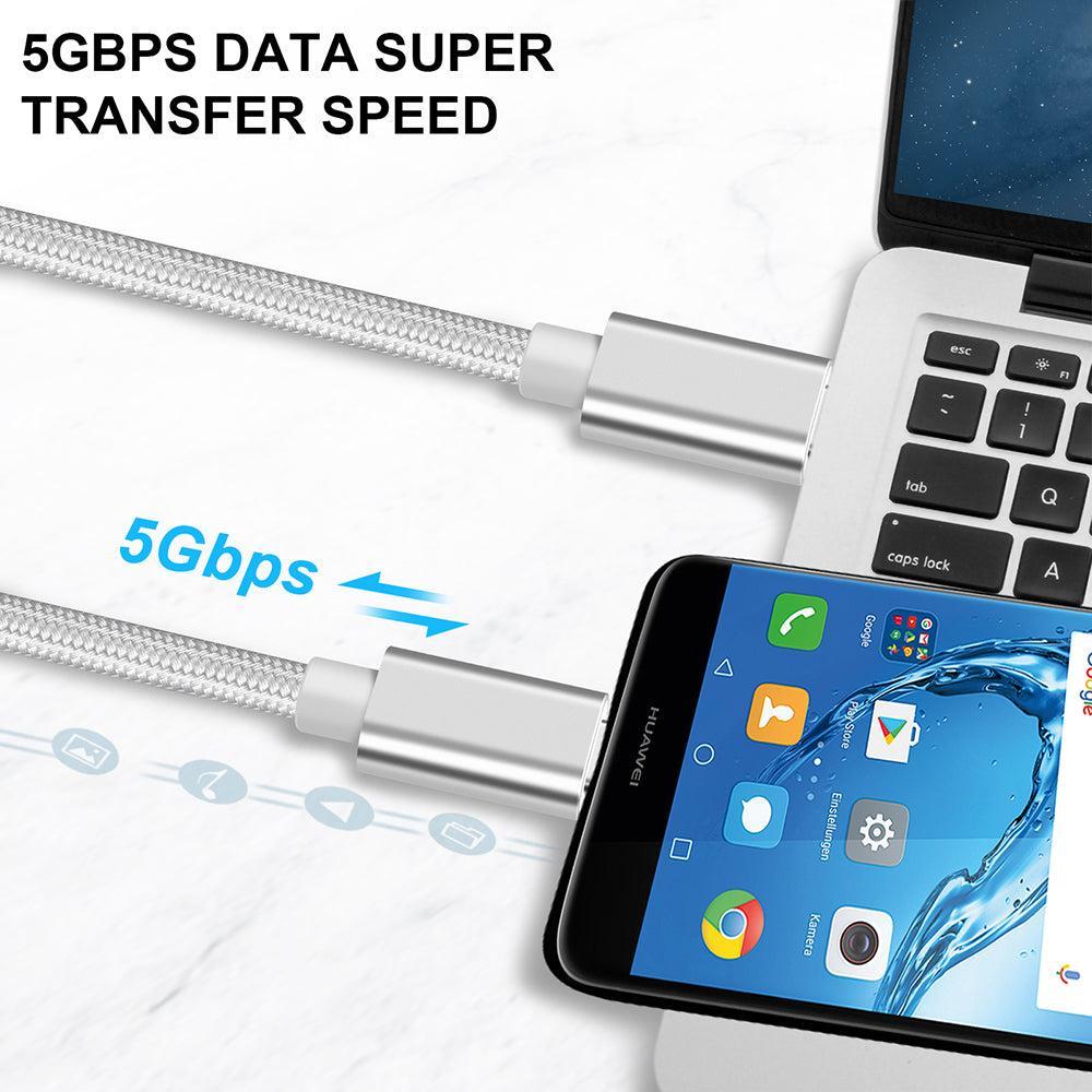 NÖRDIC 2M USB C 3.1 til USB C Nylon Braid Cable Hurtig opladning 3A Gen1 5Gbps Power Delivery PD 60W Hvid