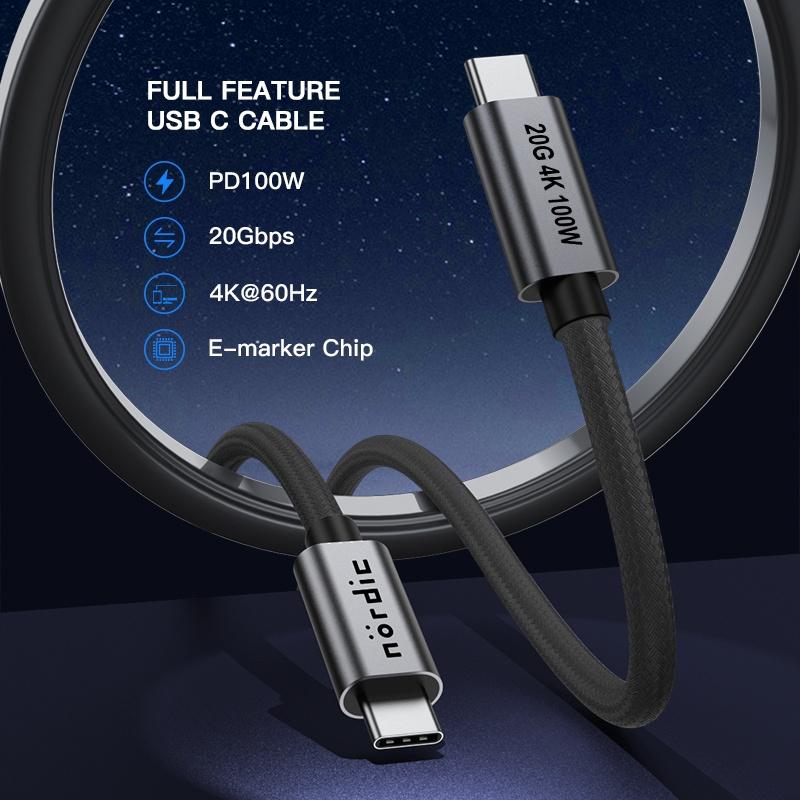 NÖRDIC 2m USB3.2 Gen2 USB-C til C Nylonflettet kabel Hurtigopladning med strømforsyning PD100W 20Gbps 5A med Emarker