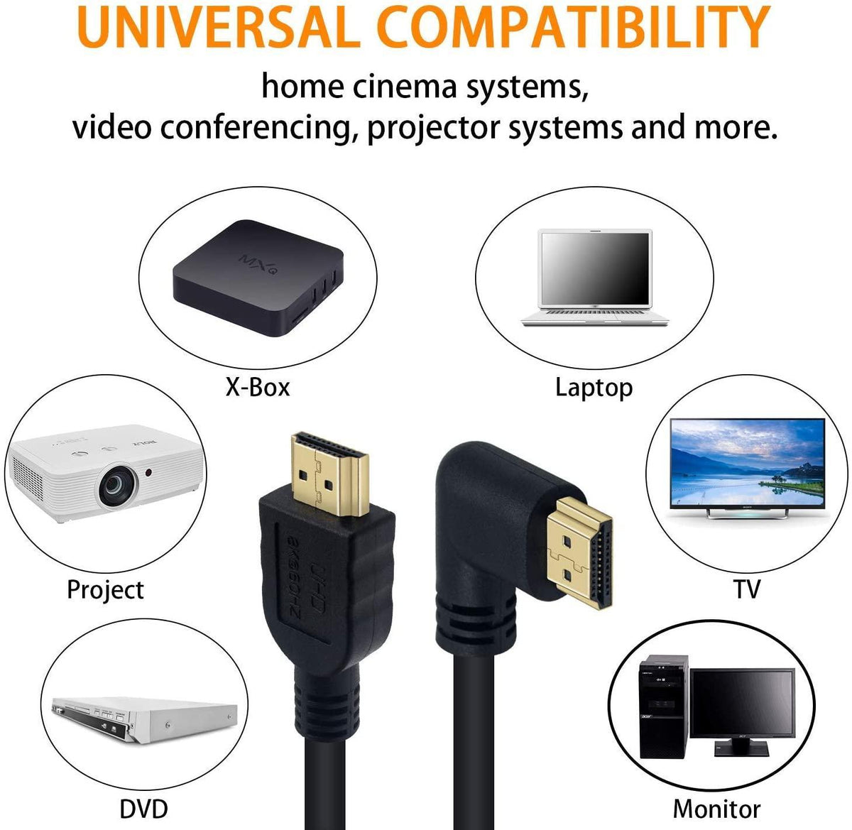 NÖRDIC 2m vinklet HDMI 2.1 UHD 8K 60Hz 4K 120Hz 48Gbps Dynamic HDR eARC Game Mode VRR Dolby ATMOS guldbelagt