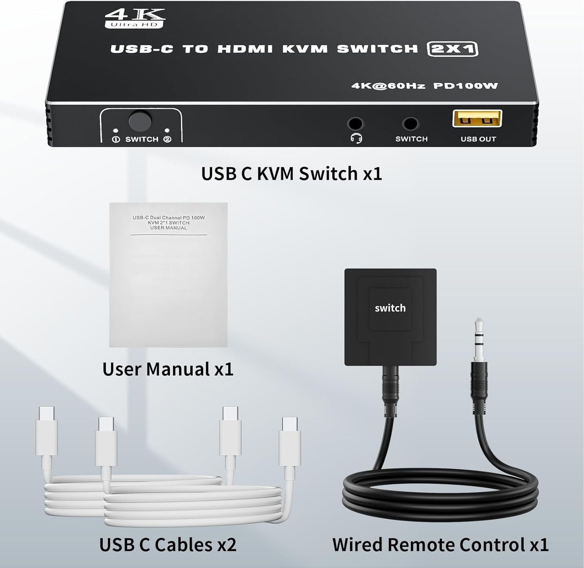 NÖRDIC USB-C til HDMI KVM-switch 4K 60Hz, Type-C KVM-switch HDMI til 2 computere 1 HDMI-skærm
