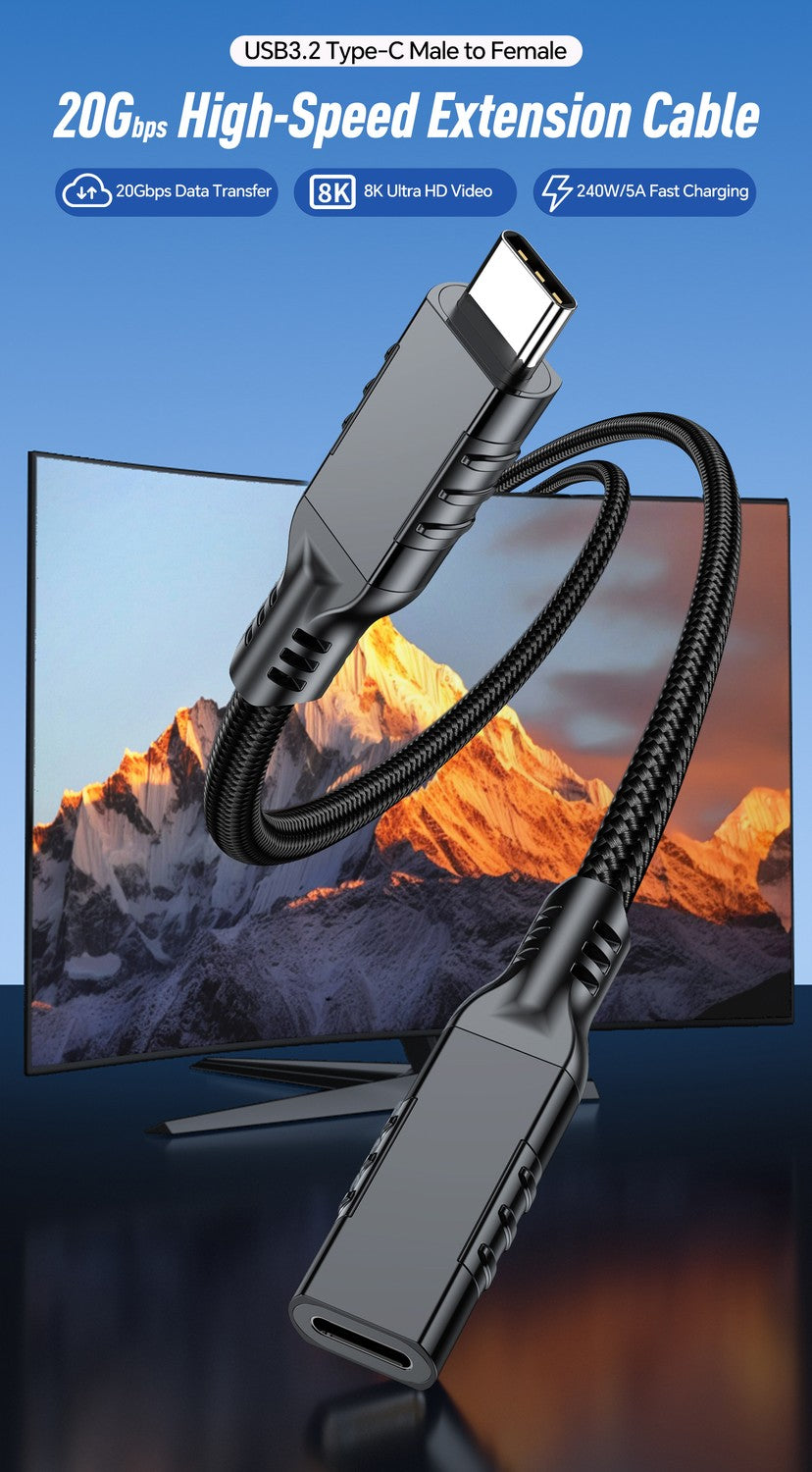 NÖRDIC 3m USB3.2 Gen2 20Gbps USB-C til C nylonflettet forlænger kabel med Power Delivery 240W 4K60Hz