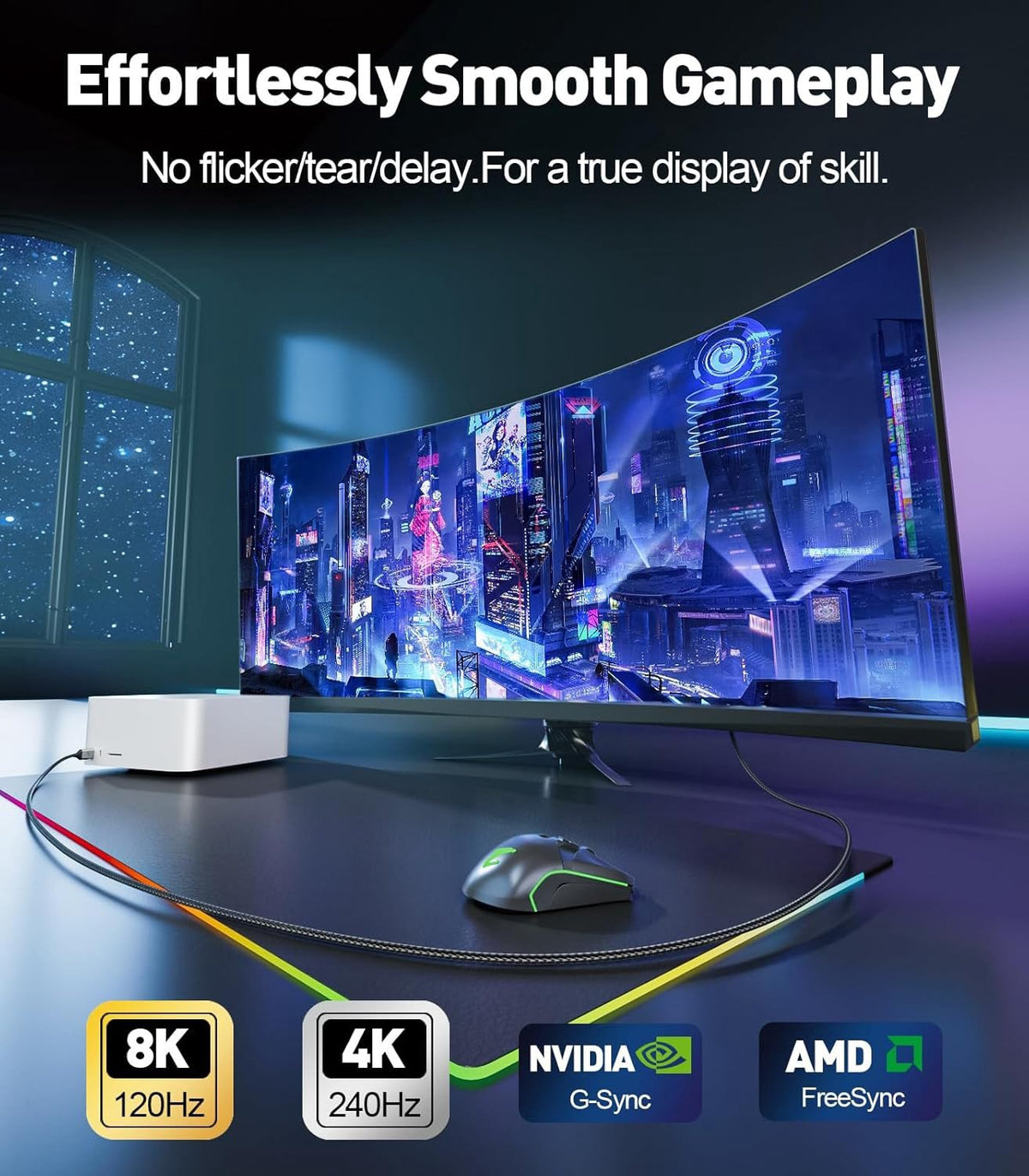 NÖRDIC 3m USB-C til DisplayPort 2.1 kabel 16K60Hz 8K120Hz 2K/4K240Hz 80Gbps Thunderbolt 5/4/3 til DisplayPort 2.1