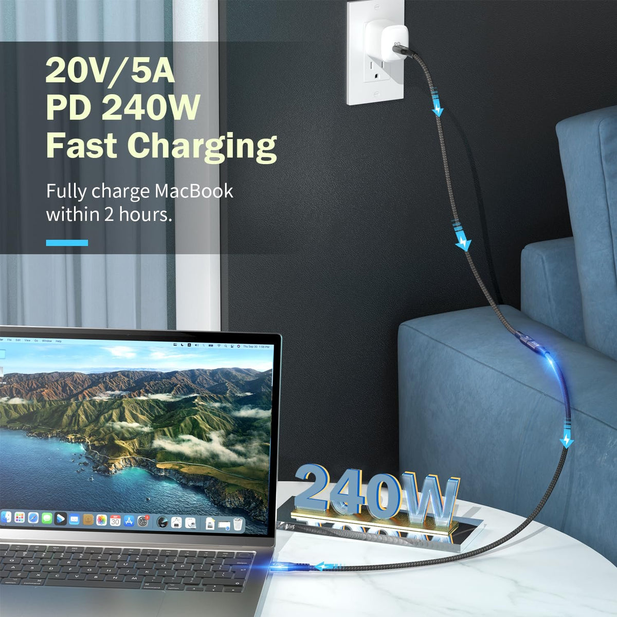 NÖRDIC 50 cm USB3.2 Gen2 20Gbps USB-C til C nylonflettet forlænger kabel med Power Delivery 240W 4K60Hz