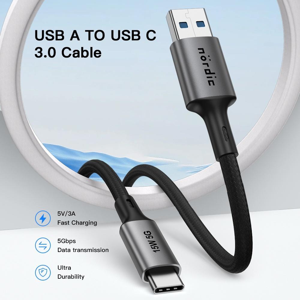 NÖRDIC 5m USB3.2 Gen1 USB-C til A nylonflettet kabel hurtig opladning 3A 5Gbps 15W grå