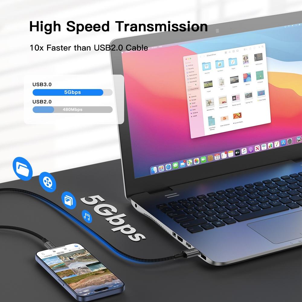 NÖRDIC 5m USB3.2 Gen1 USB-C til A nylonflettet kabel hurtig opladning 3A 5Gbps 15W grå