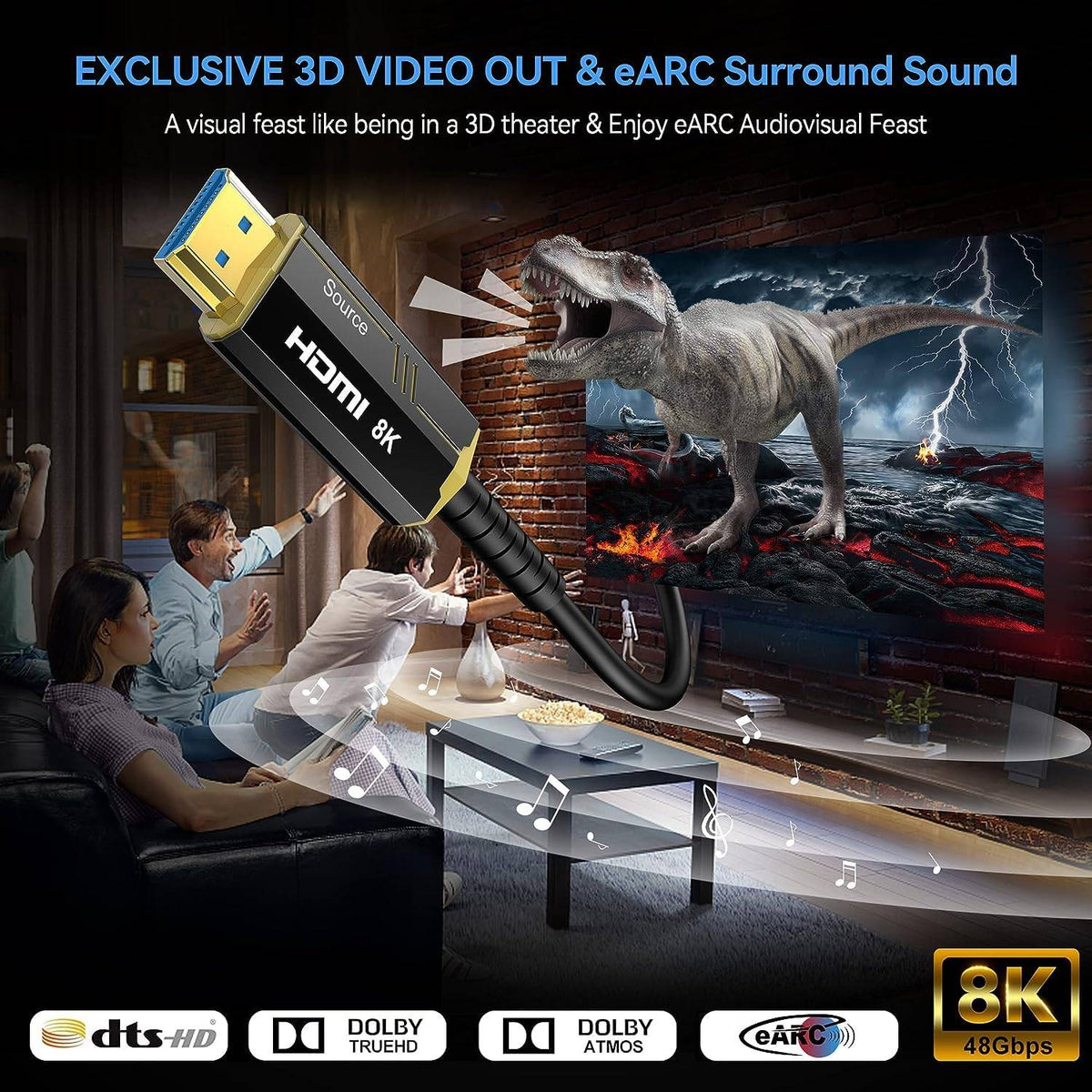 NÖRDIC 5m aktivt AOC optisk fiberkabel HDMI 2.1 8K 60Hz 4K 120Hz 48Gbps Dynamic HDR, eARC, VRR kompatibel med RTX 3080 3090