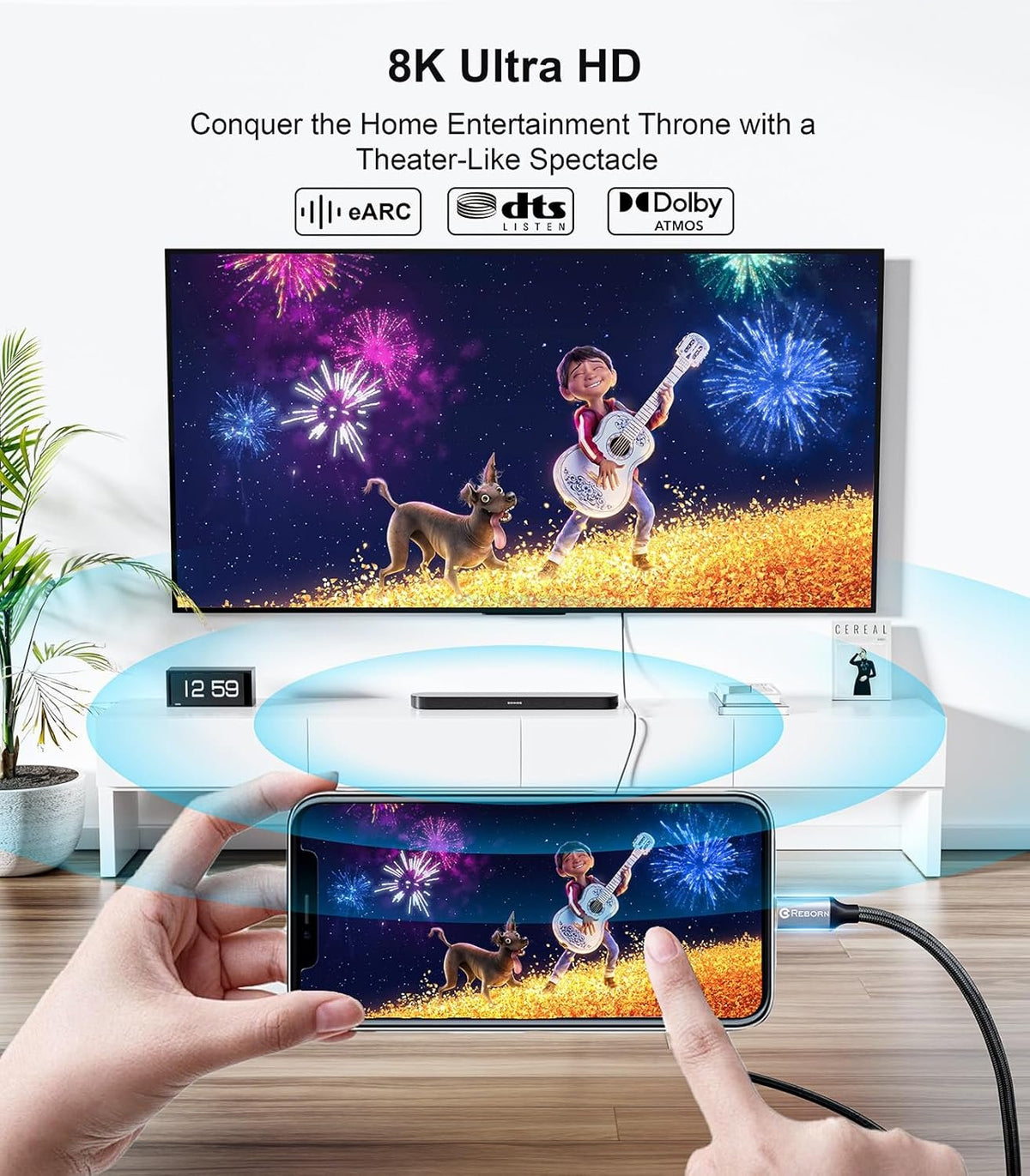 NÖRDIC 5m kabel USB-C til HDMI 2.1 8K30Hz 4K120Hz 48Gbps HDR kompatibel med Thunderbolt 3 og 4