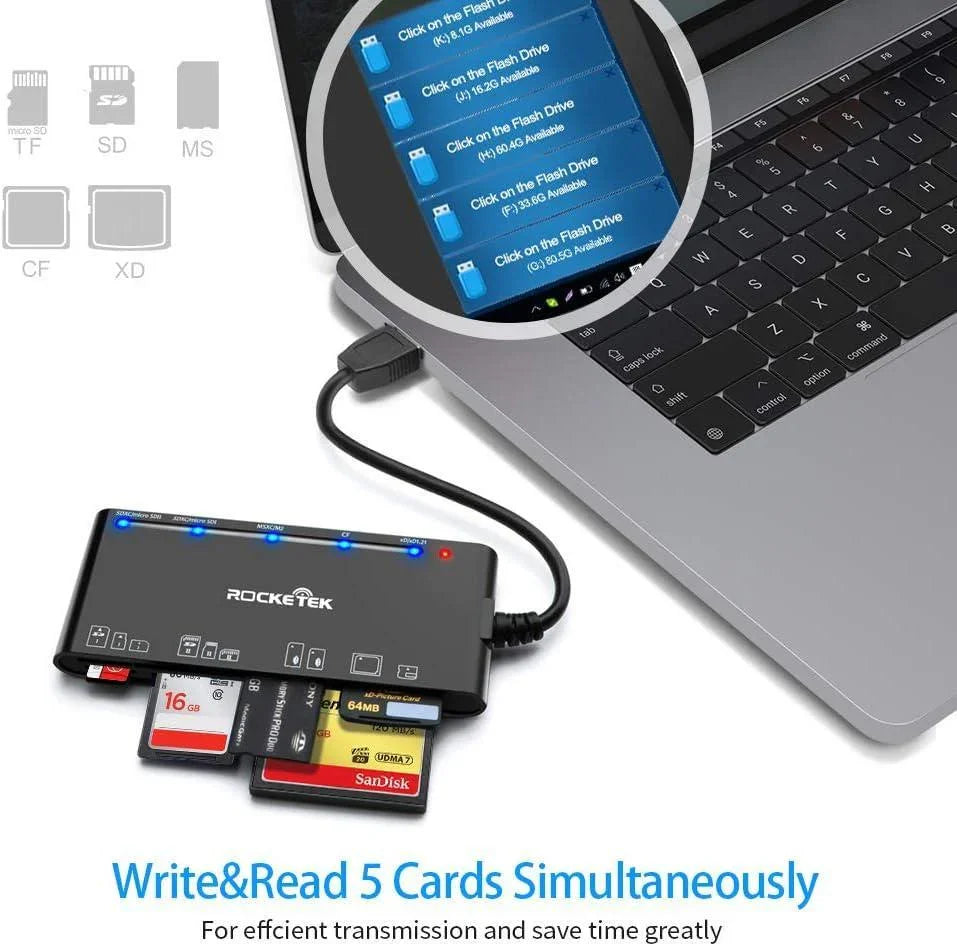 NÖRDIC USB-A kortlæser 7 slot 1xCF, 2xSD, 2xMicroSD, 1xMS, 1xXD UHS-I