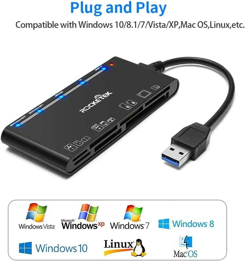 NÖRDIC USB-A kortlæser 7 slot 1xCF, 2xSD, 2xMicroSD, 1xMS, 1xXD UHS-I