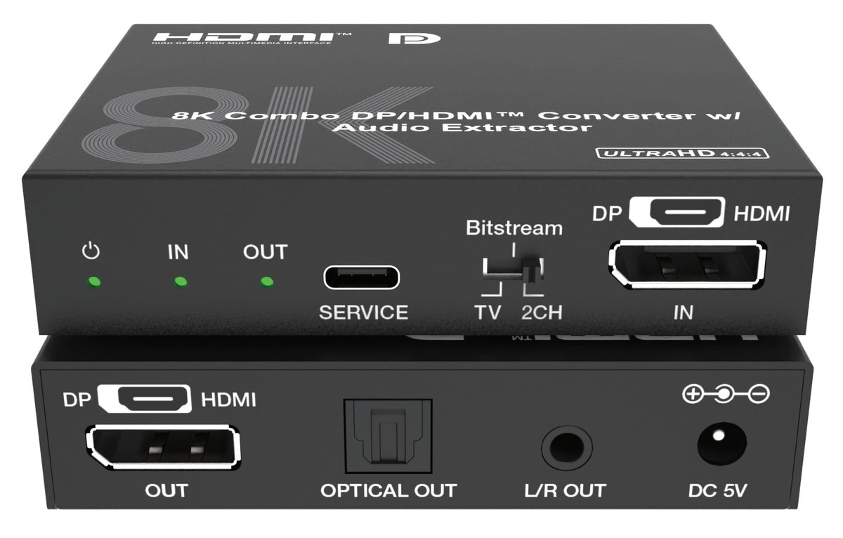 NÖRDIC 8K 30Hz DP/HDMI kombo extractor-konverter, SPDIF stereo L/R Dolby ATMOS DTS-HD Master HDR pass-through EDID