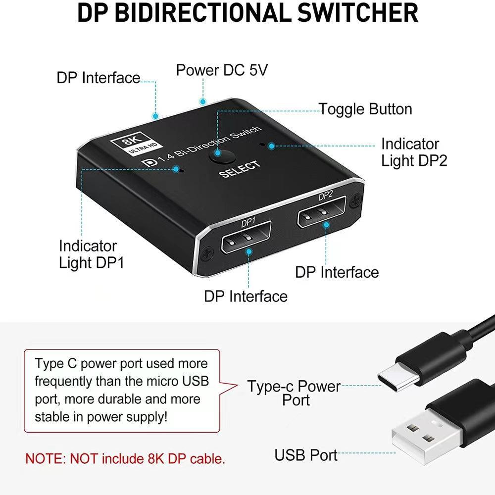 NÖRDIC 8K30Hz Displayport switch 2 til 1 og splitter 1 til 2, 4K120hz