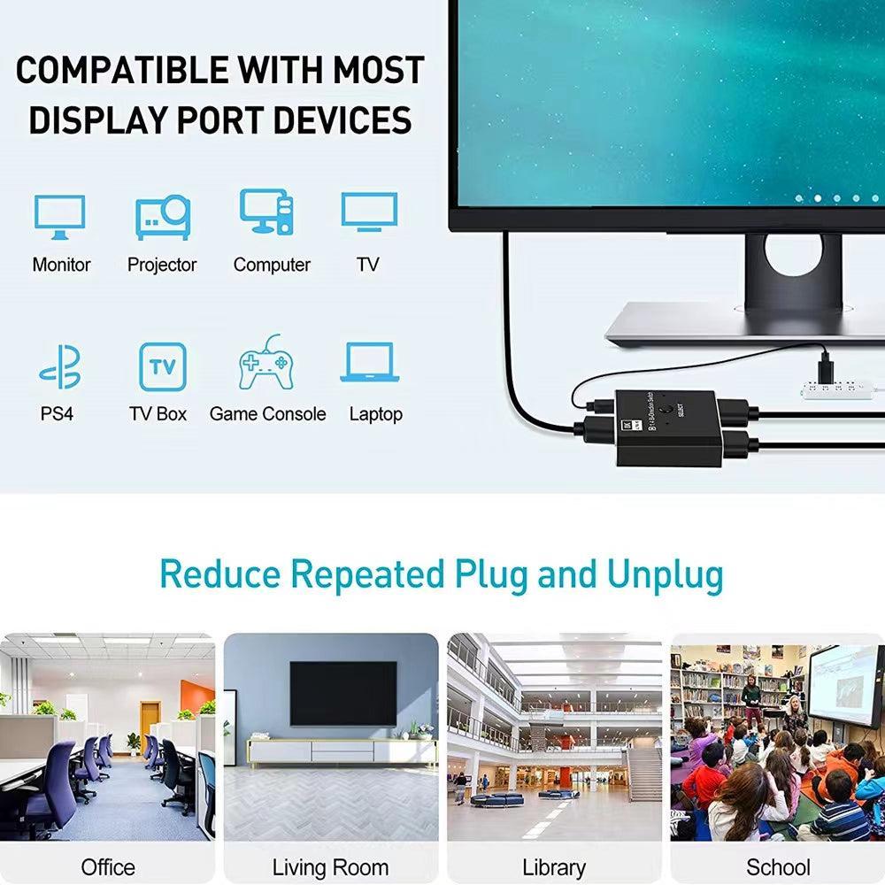 NÖRDIC 8K30Hz Displayport switch 2 til 1 og splitter 1 til 2, 4K120hz