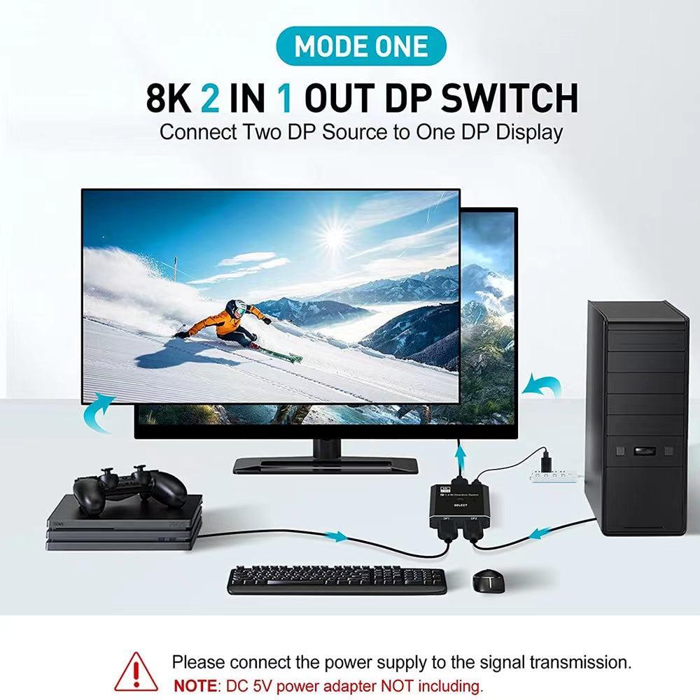 NÖRDIC 8K30Hz Displayport switch 2 til 1 og splitter 1 til 2, 4K120hz
