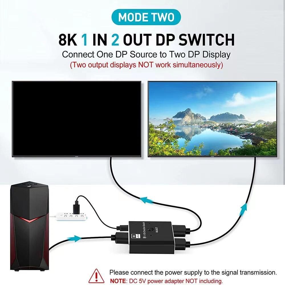 NÖRDIC 8K30Hz Displayport switch 2 til 1 og splitter 1 til 2, 4K120hz