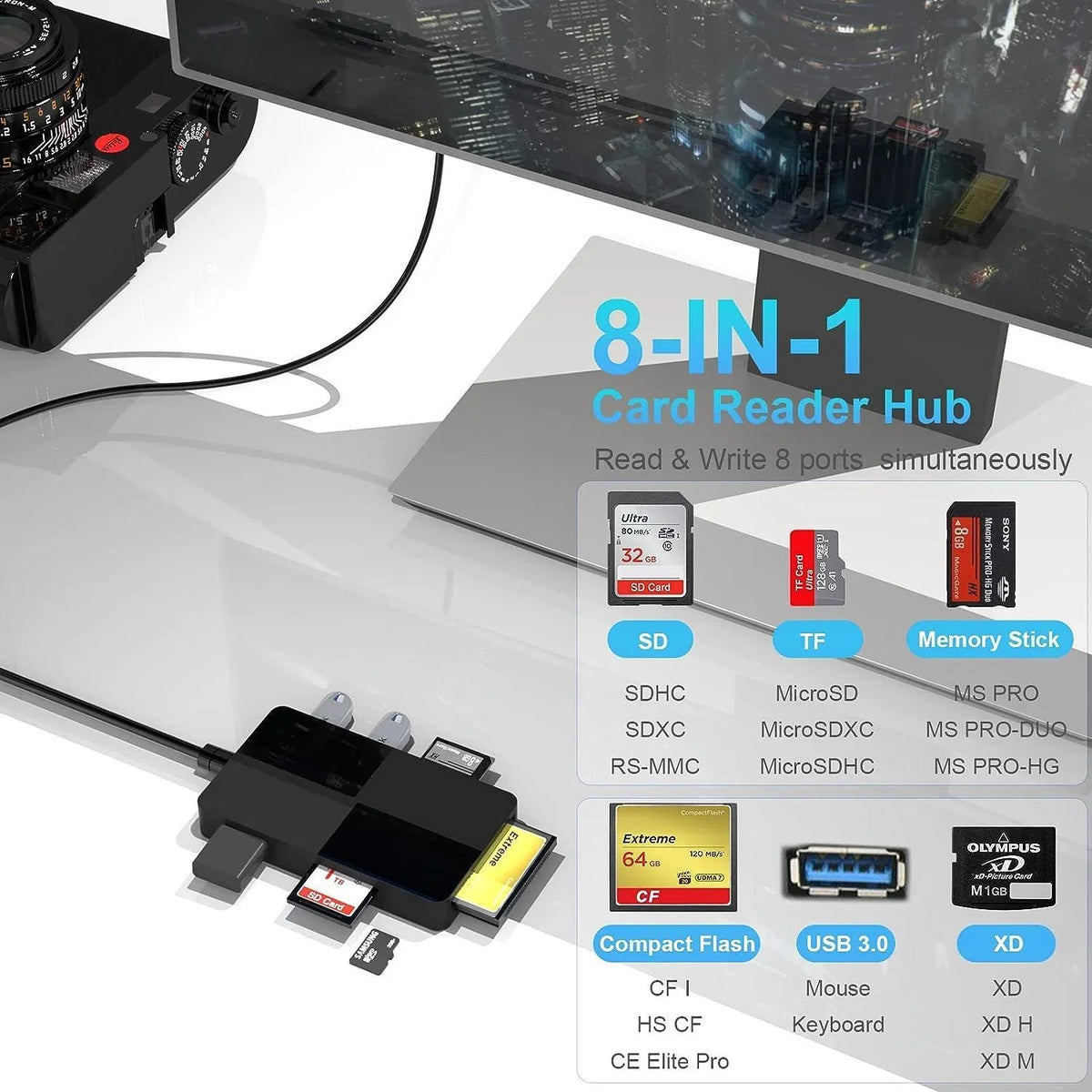 NÖRDIC USB-A kortlæser 5 slot CF, SD, MicroSD, MS, XD, 3xUSB-A UHS-I