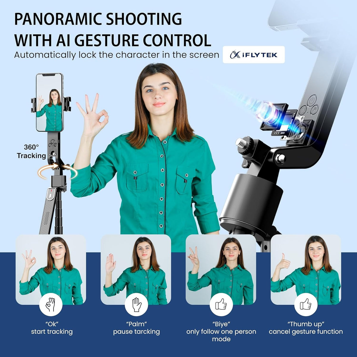 NÖRDIC AI Auto Face Tracking Selfie Stick – 360° rotation + 270° tilt, 4-i-1 telefonstativ, 180 cm stativ i aluminiumlegering med 4 ben