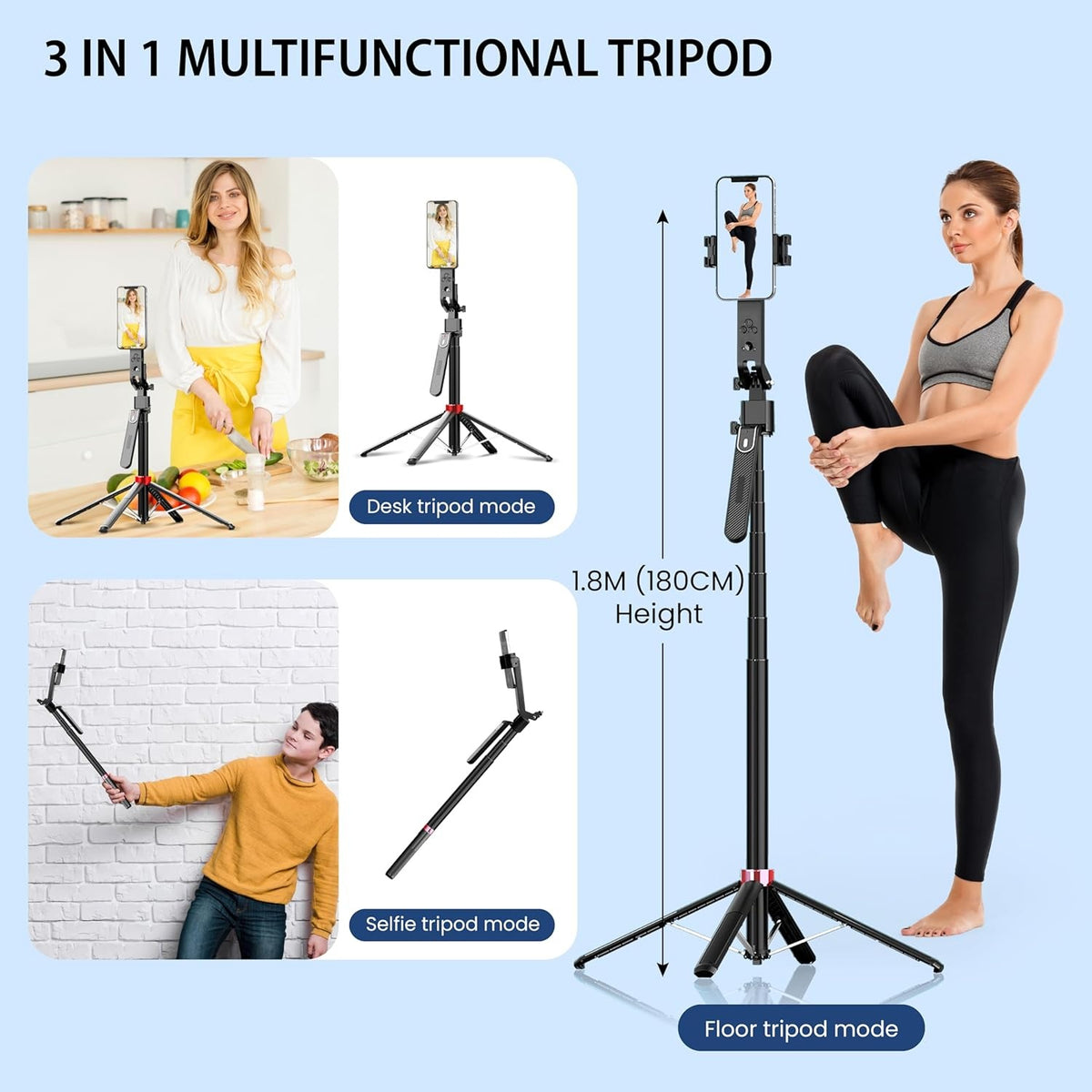 NÖRDIC AI Auto Face Tracking Selfie Stick – 360° rotation + 270° tilt, 4-i-1 telefonstativ, 180 cm stativ i aluminiumlegering med 4 ben