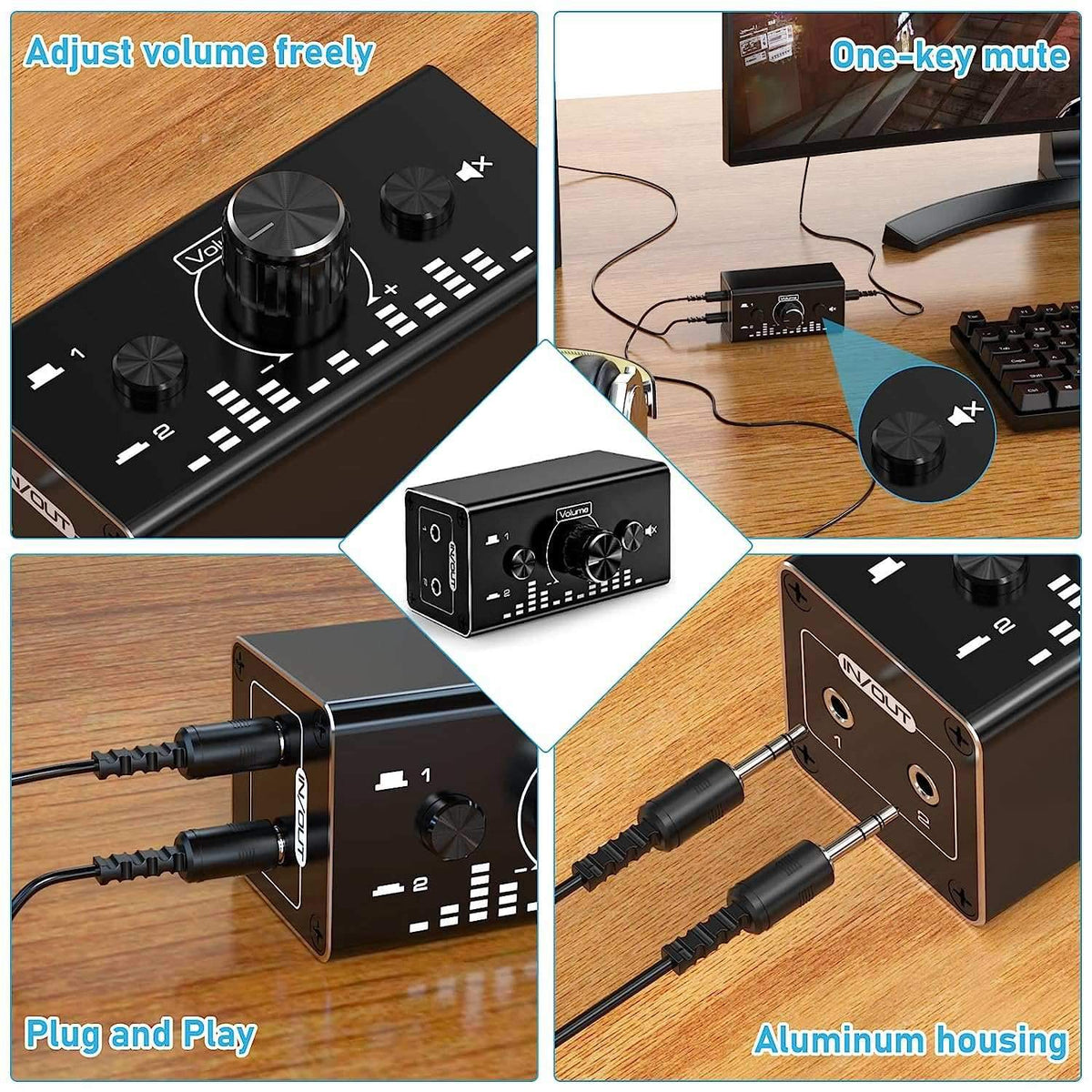 NÖRDIC Bi-Directional 3,5 mm jack-lydkontakt 2 in 1 out / 1 in 2 out analog lydløs stereolydkontakt med lydstyrkekontrol