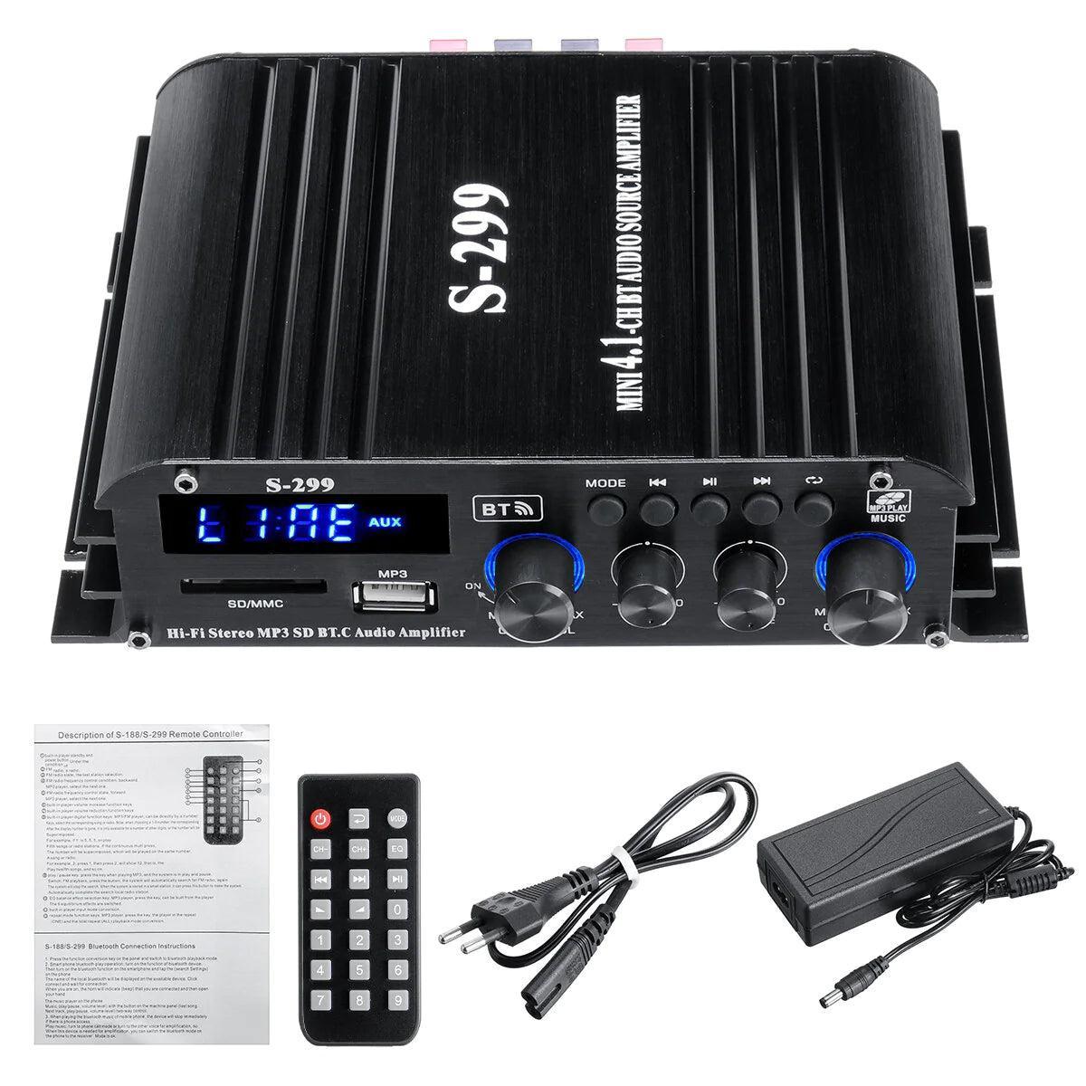 NÖRDIC Bluetooth 5.0 stereo 2.1 forstærker 4X40W + 50W RMS forstærker 2 højttalere og subwoofer med USB og SD media player input