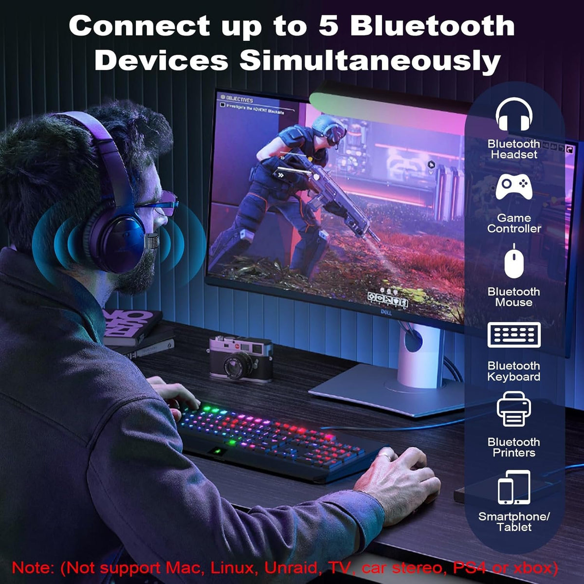 NÖRDIC Bluetooth 6.0 trådløs Bluetooth-dongle/modtager, Plug and Play, Windows 11/10/8.1, til controller, hovedtelefoner, tastatur, mus