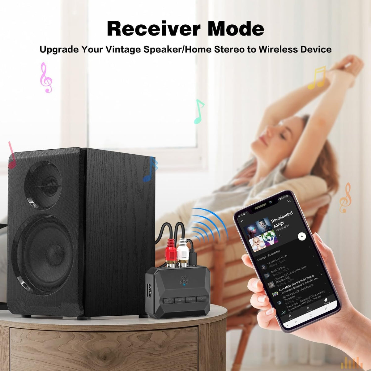 NÖRDIC Bluetooth Modtager 5.3 RCA 3.5mm AUX med NFC MicroSD Kort USB Hukommelse