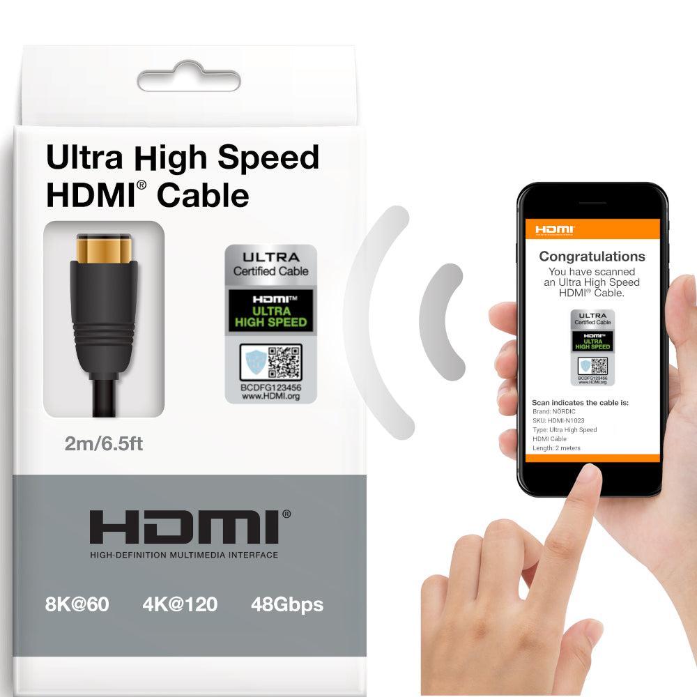 NÖRDIC CERTIFICEREDE KABLER 50cm Ultra High Speed HDMI 2.1 8K 60Hz 4K 120Hz 48Gbps Dynamic HDR eARC VRR Nylon flettet kabel Guldbelagte stik